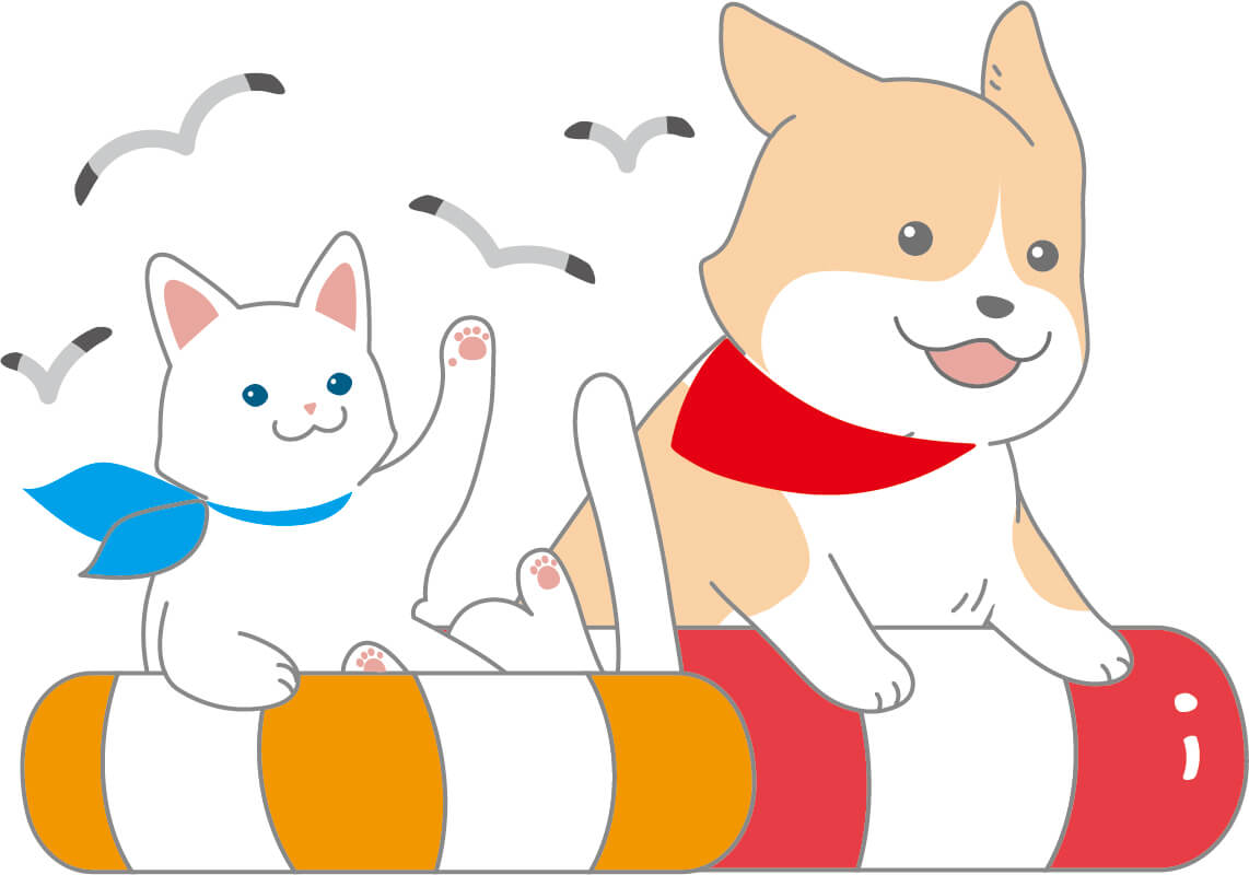 浮き輪でうかぶ犬と猫のイラスト