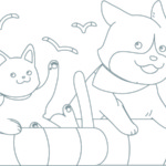 海で浮かぶ犬と猫のぬり絵イラスト
