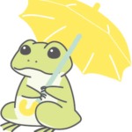 雨の中、傘をさすカエルのイラスト