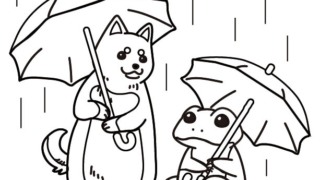 ペットのぬり絵。傘をさす犬とカエル