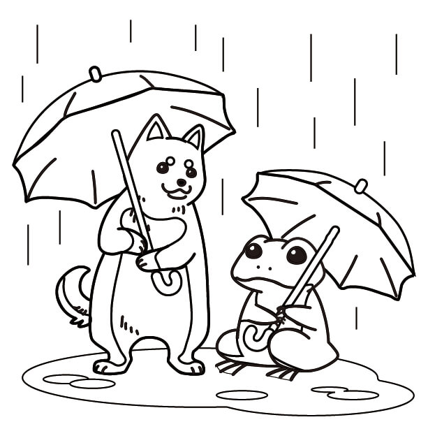 ペットのぬり絵。傘をさす犬とカエル