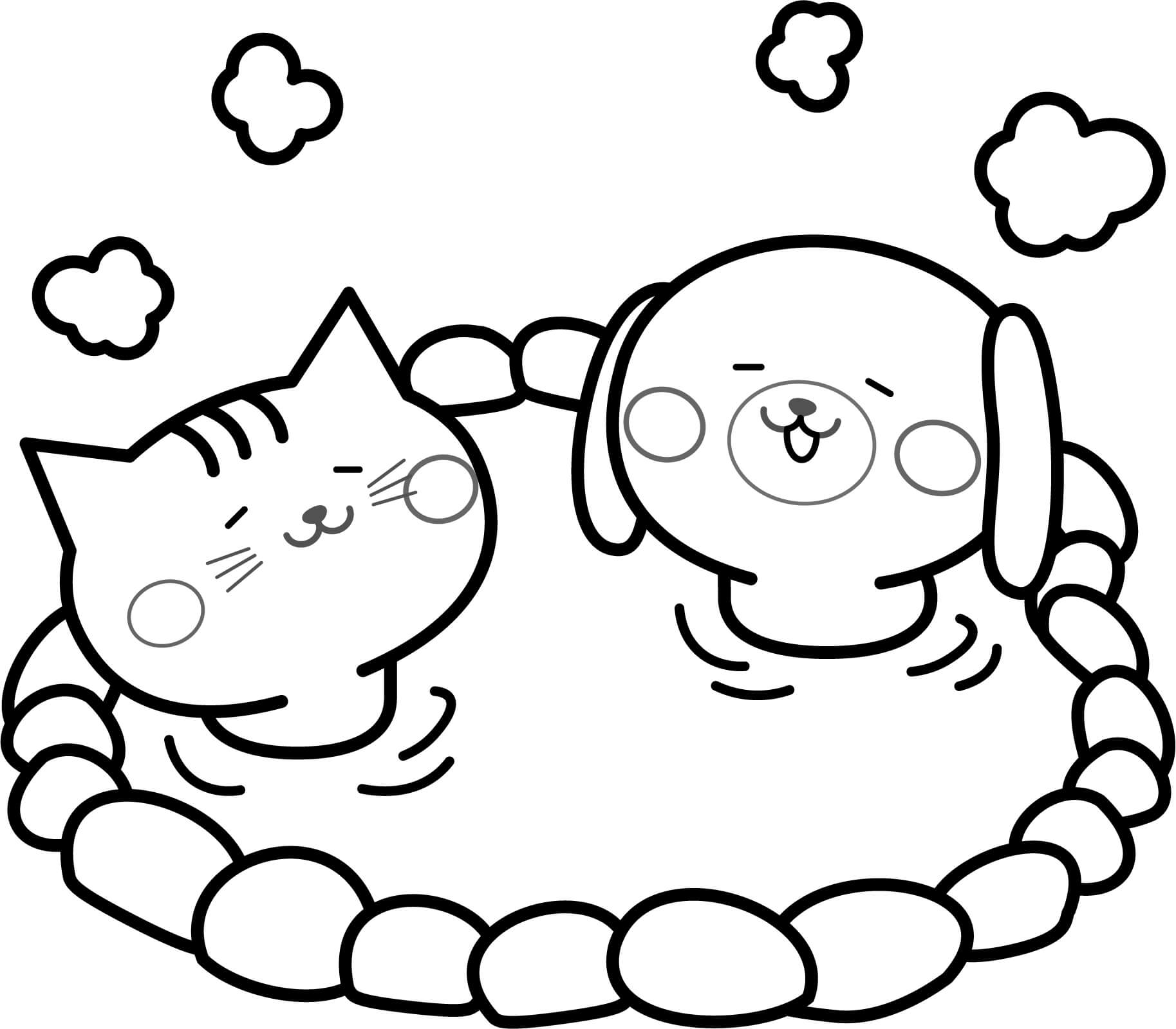 温泉に入る犬と猫のぬりえ【無料】