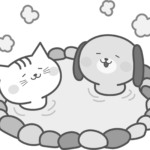 温泉に入る犬と猫のイラスト（白黒）【無料】