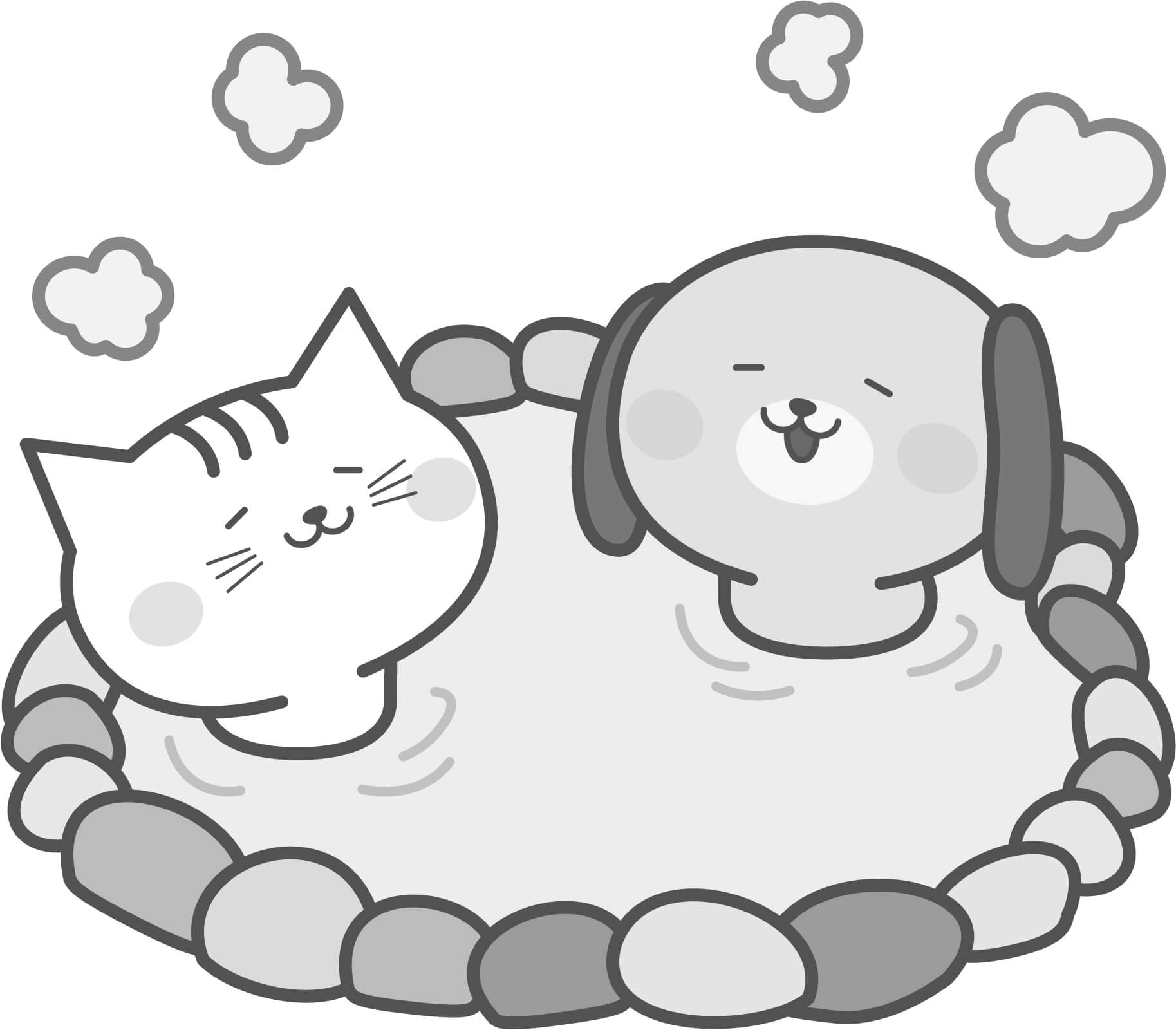 温泉に入る犬と猫のイラスト（白黒）【無料】