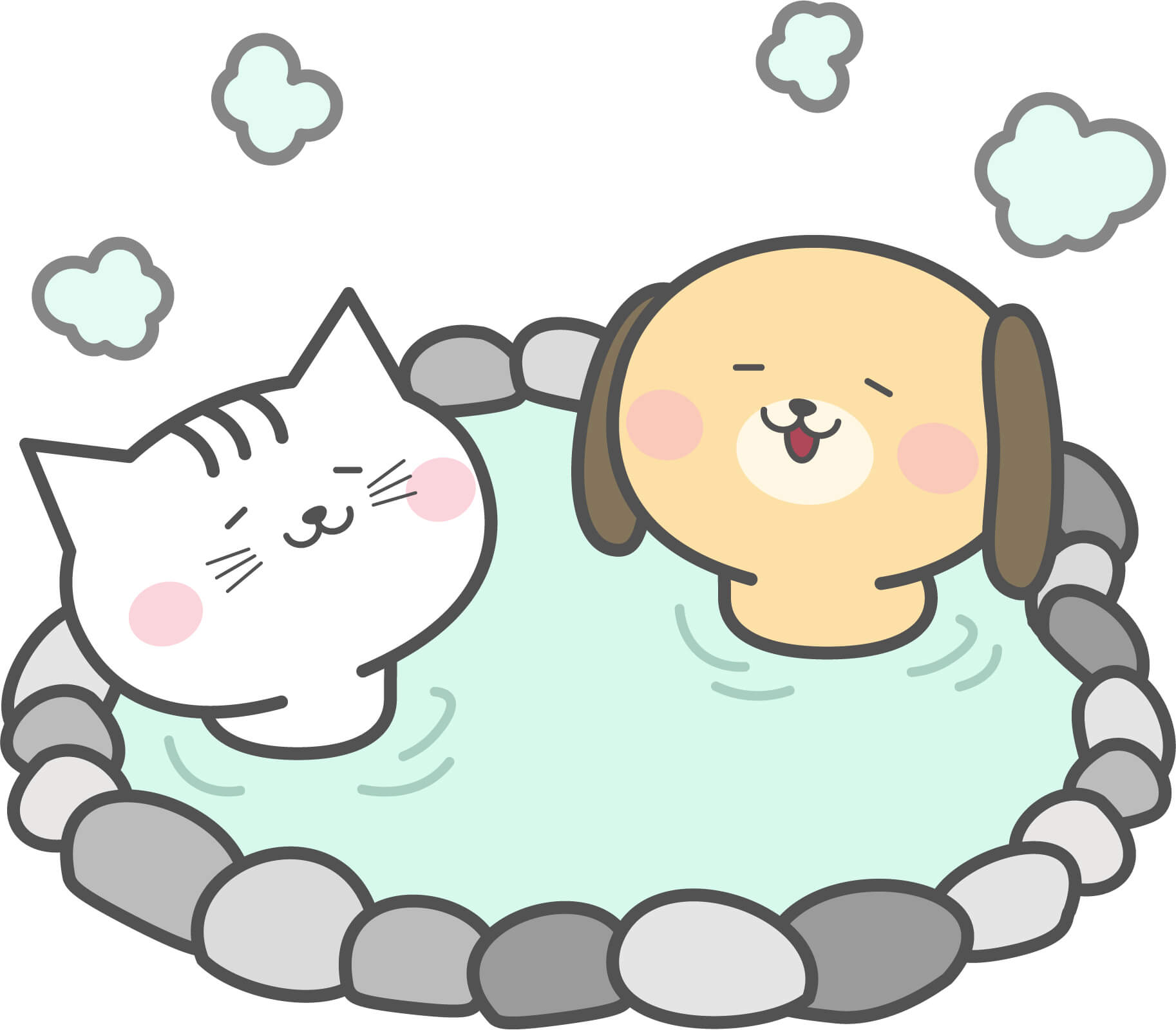 温泉に入る犬と猫のイラスト【無料】