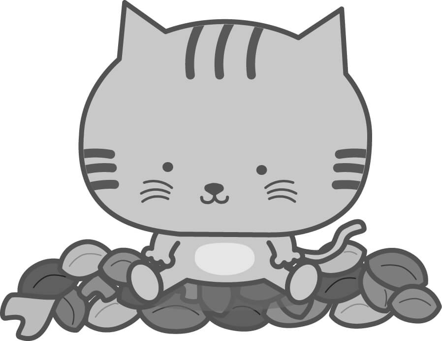 落ち葉の上に座る猫のイラスト（白黒）【無料】